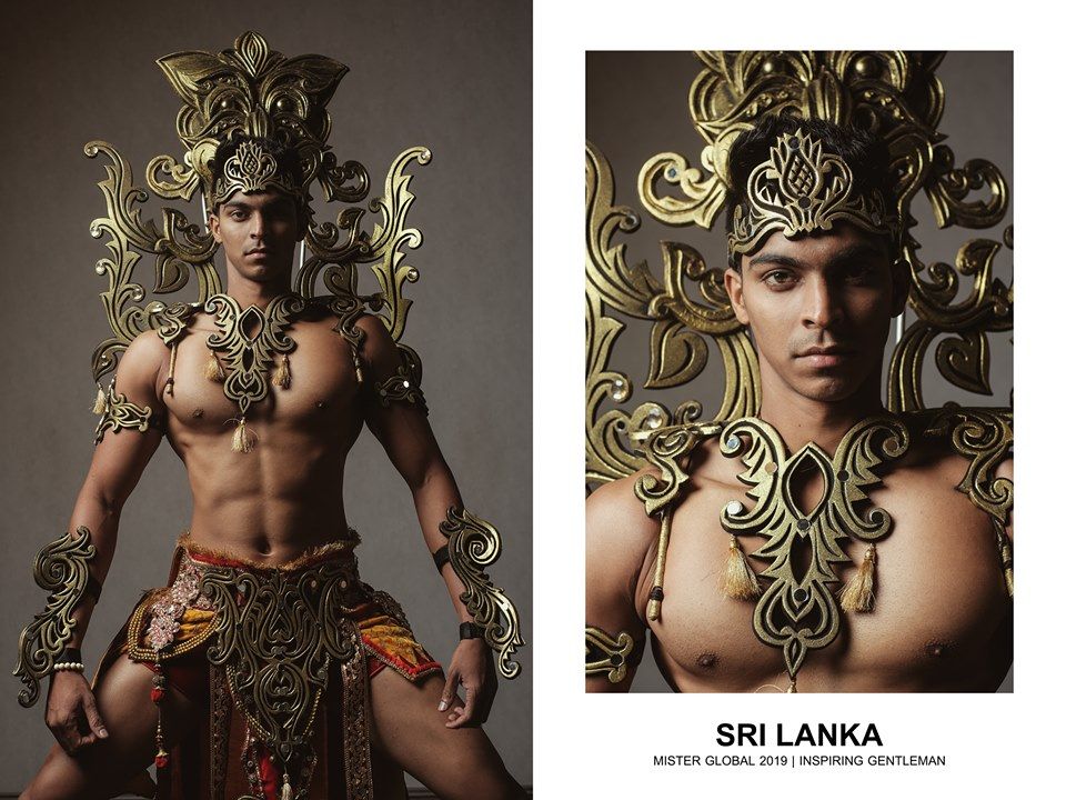 Mister Global Sri Lanka 2019. A three quarter length photo and a headshot of the pageant contestant. He is wearing a very intricate metal (or possibly resin made to look like metal) headpiece, shoulder and backpiece, wrists guards and a red and yellow loincloth with a gold belt on top