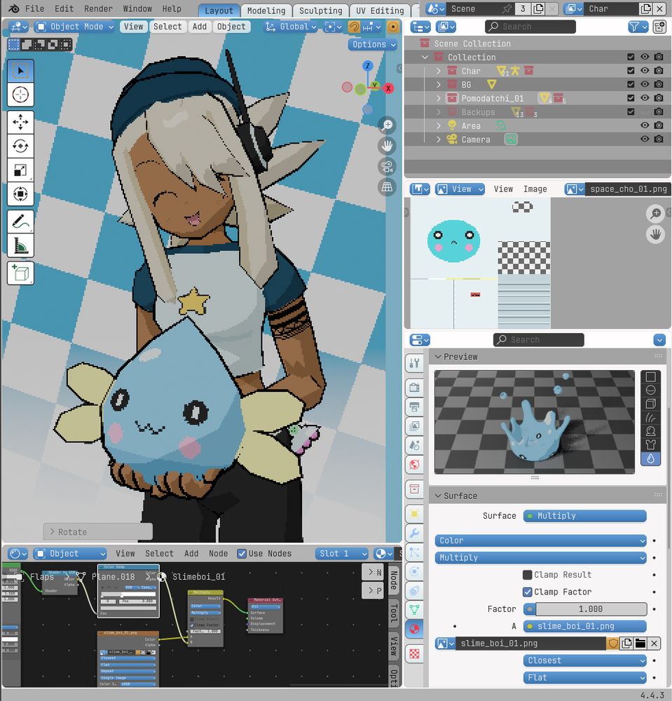 Lowpoly character holding a blue slime monster inside Blender