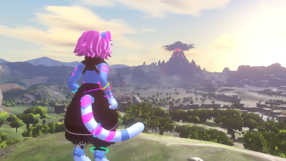a blue and pink mayu standing on the great plateau from the legend of zelda breath of the wild 