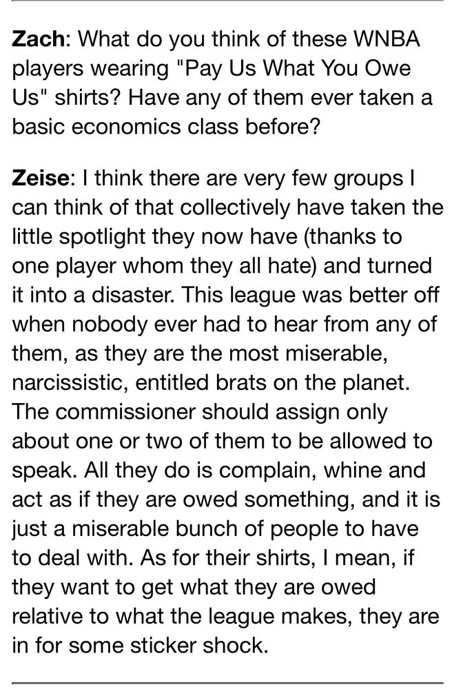 Article text says “There are very few groups I can think of that collectively have taken the little spotlight they now have (thanks to one player whom they all hate) and turned it into a disaster. This league was better off when nobody ever had to hear from any of them as they are the most miserable, narcissistic, entitled brats on the planet. The commissioner should assign only about one or two of them to be allowed to speak. All they do is complain, whine and act as if they are owed something, and it is just a miserable bunch of people to have to deal with. As for their shirts, I mean, if they they are owed relative to what the league makes, they are in for some sticker shock.”