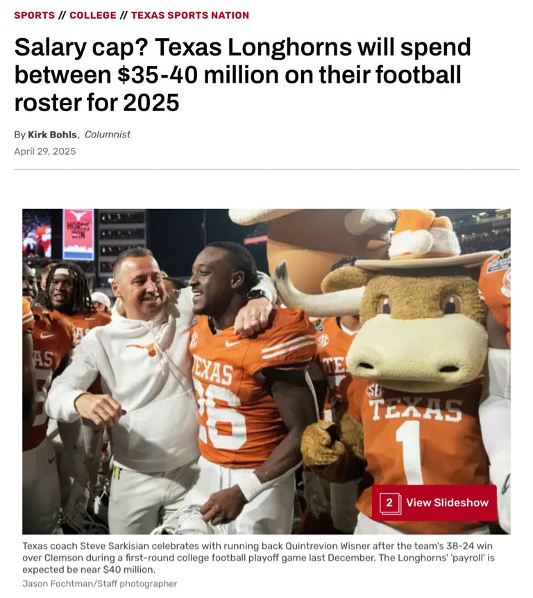Texas Longhorns will spent 35-30 million on their football roster for 2025 