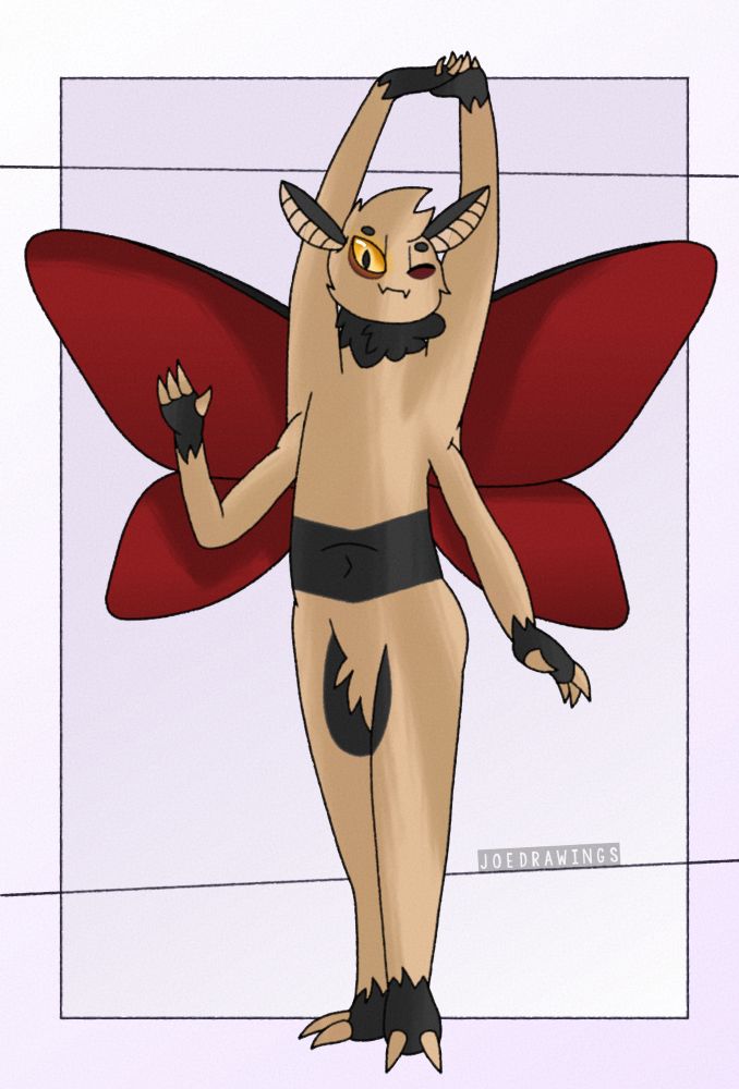 A full body image of a beige moth with yellow eyes, grey neck fluff and red wings stretching