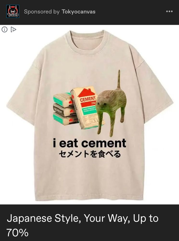 Bizarre Tumblr ad for a t shirt featuring a weird shaped cat in front of bags of cement with the English text "i eat cement" beneath, and further beneath, some character based language that I assume is one of the Japanese character languages but I do not have the means to translate. The advertisement text beneath the image says "Japanese Style, Your Way, Up to 70%". I assume this means that there is a catch with the orders, potentially only receiving 70% of an item, or only 70% of your order.