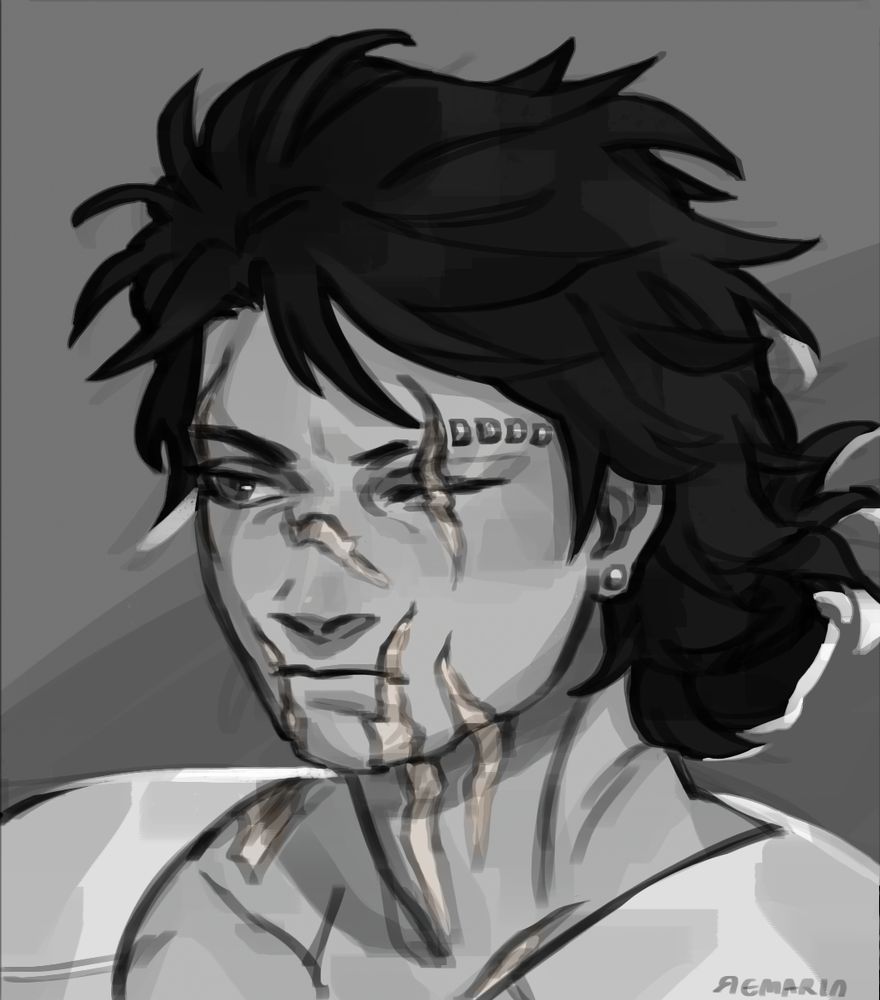 A grayscale portrait of a scarred mixed race woman, drawn by Remarin