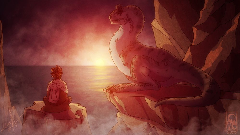 A woman sits on a rock, watching the sun set against the ocean, while a carnotaurus with blue shade coloring rests nearby.