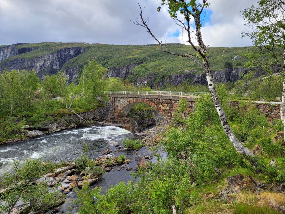 vøringsfossen bridge, an arched stone bridge built in 1915 near the top of vøringsfossen waterfall in måbødalen, western norway

the bridge is surrounded by intensely green early summer foliage, in the background is the upper part of steep valley walls under cloudy skies with a glimpse of blue