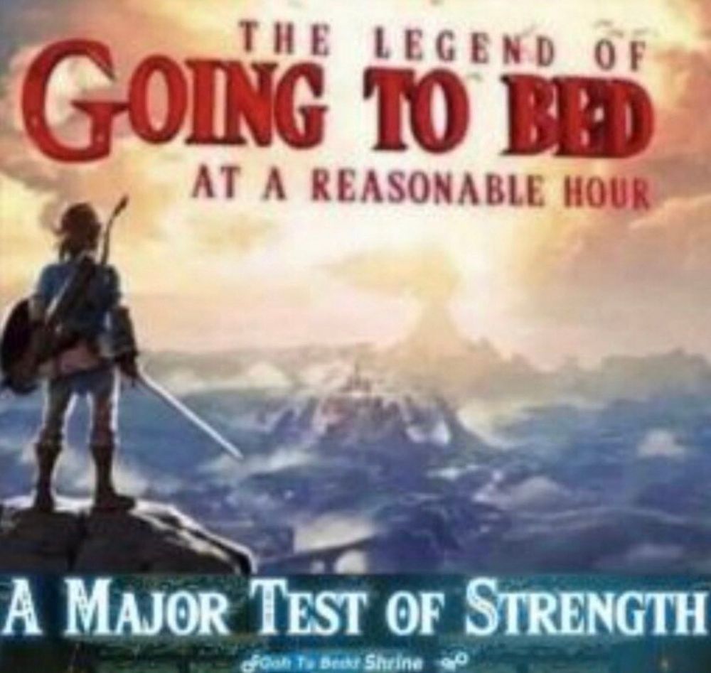 A picture of link from Zelda overlooking a picturesque mountainous landscape.

The text on the image reads “The Legend of Going to Bed At A Reasonable Hour
A Major Test of Strength”