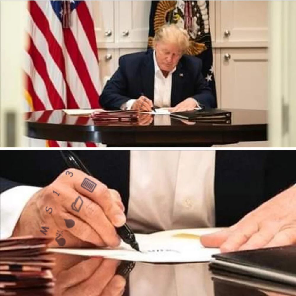 Donald Trump MS13 knuckle tattoo in Comic Sans and Wingdings