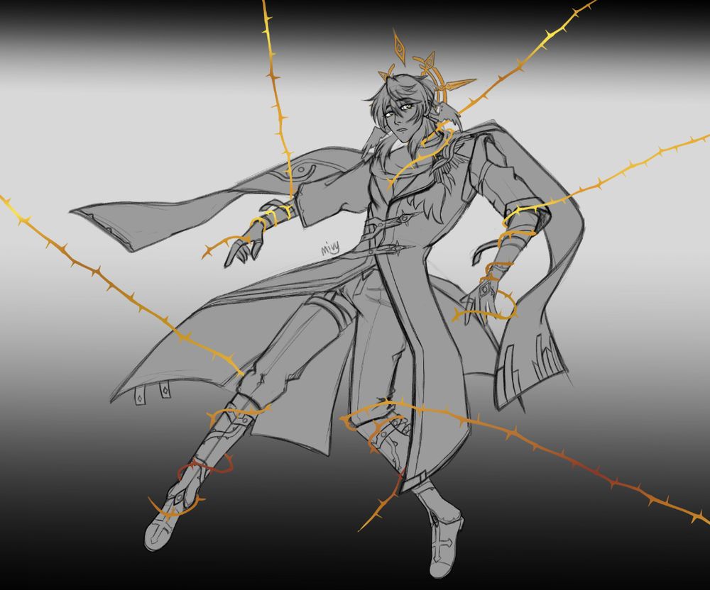 A work in progress sketch of mihoyo’s Honkai Star Rail character Sunday in his new design surrounded and caught by thorn vines