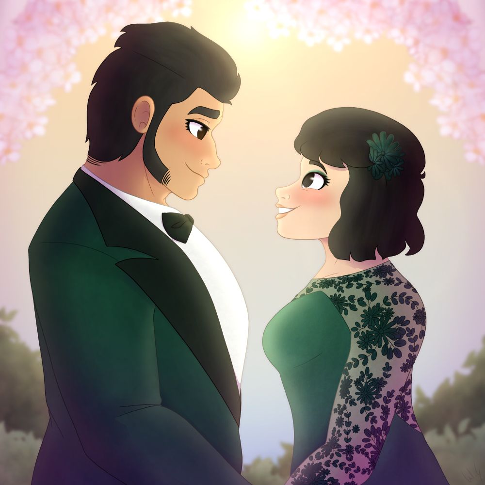 Drawing of Zenigata and Namie (original character) getting married because I can.