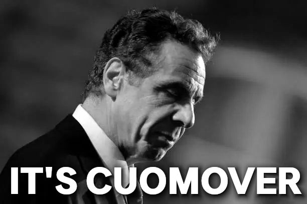 picture of andrew cuomo looking downward with eyes closed. the photo is labeled "it's cuomover."