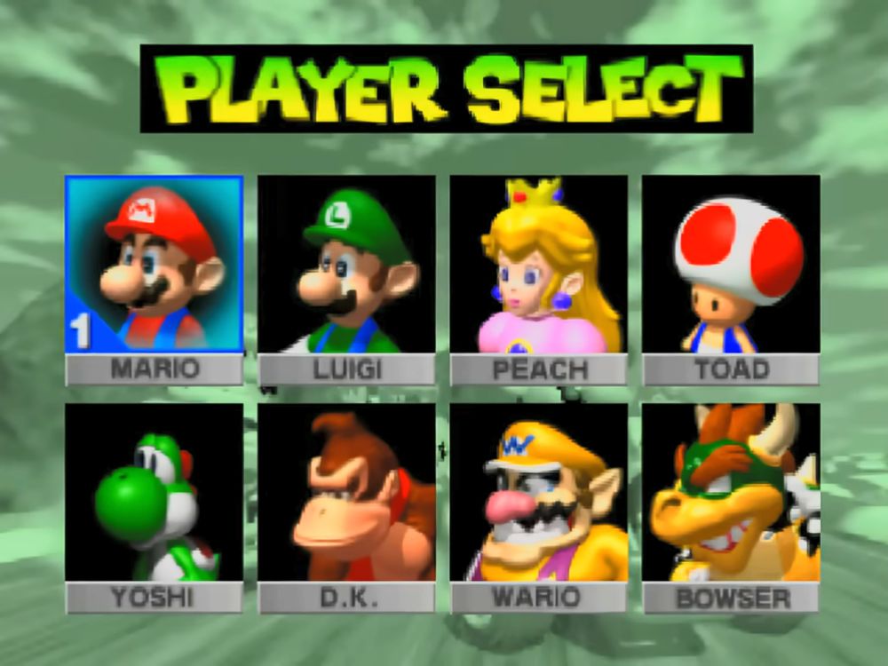 Mario Kart 64 Character Select Screen, featuring Mario, Luigi, Peach, Toad, Yoshi, D.K., Wario, and Bowser