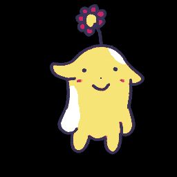 scribble of a yellow floppy-eared creature with a red-petaled flower on its head