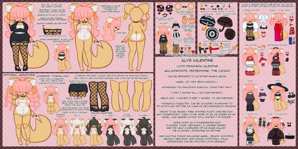 A reference sheet for bigtittygothkitty's sona, Alys Valentine.