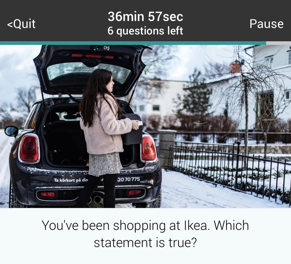 a screenshot from the driving school app, the question is “you’ve been shopping at IKEA, which statement is true?”