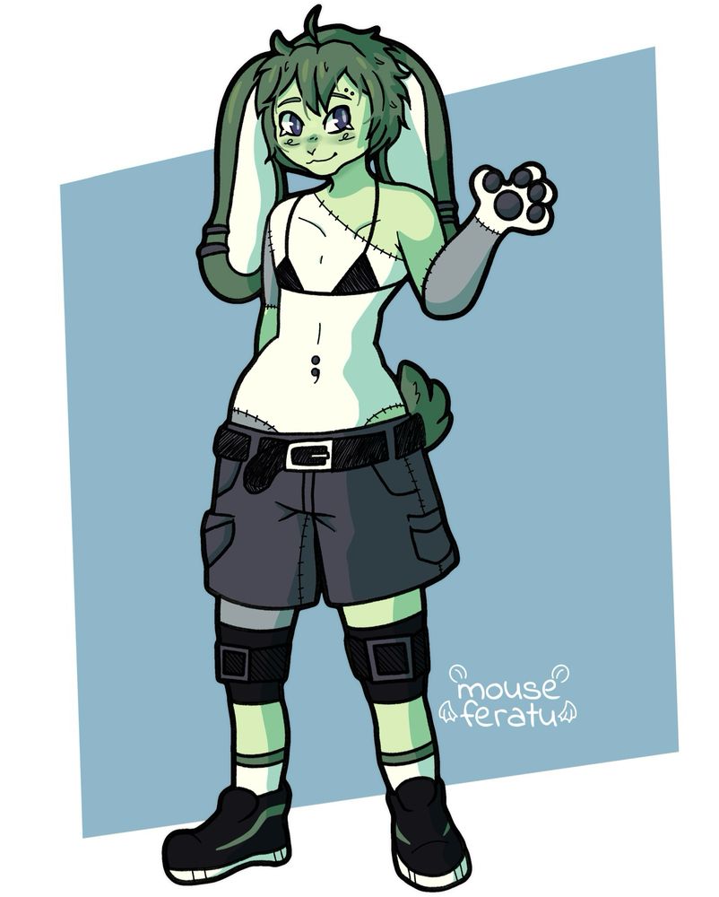 a digital painting of a green rabbit/bunny anthro character with stitched on white and gray body parts. the character has earrings, a horizontal eyebrow piercing and a pierced bellybutton. cabby is wearing cargo shorts, running shoes, knee pads, and a bra.