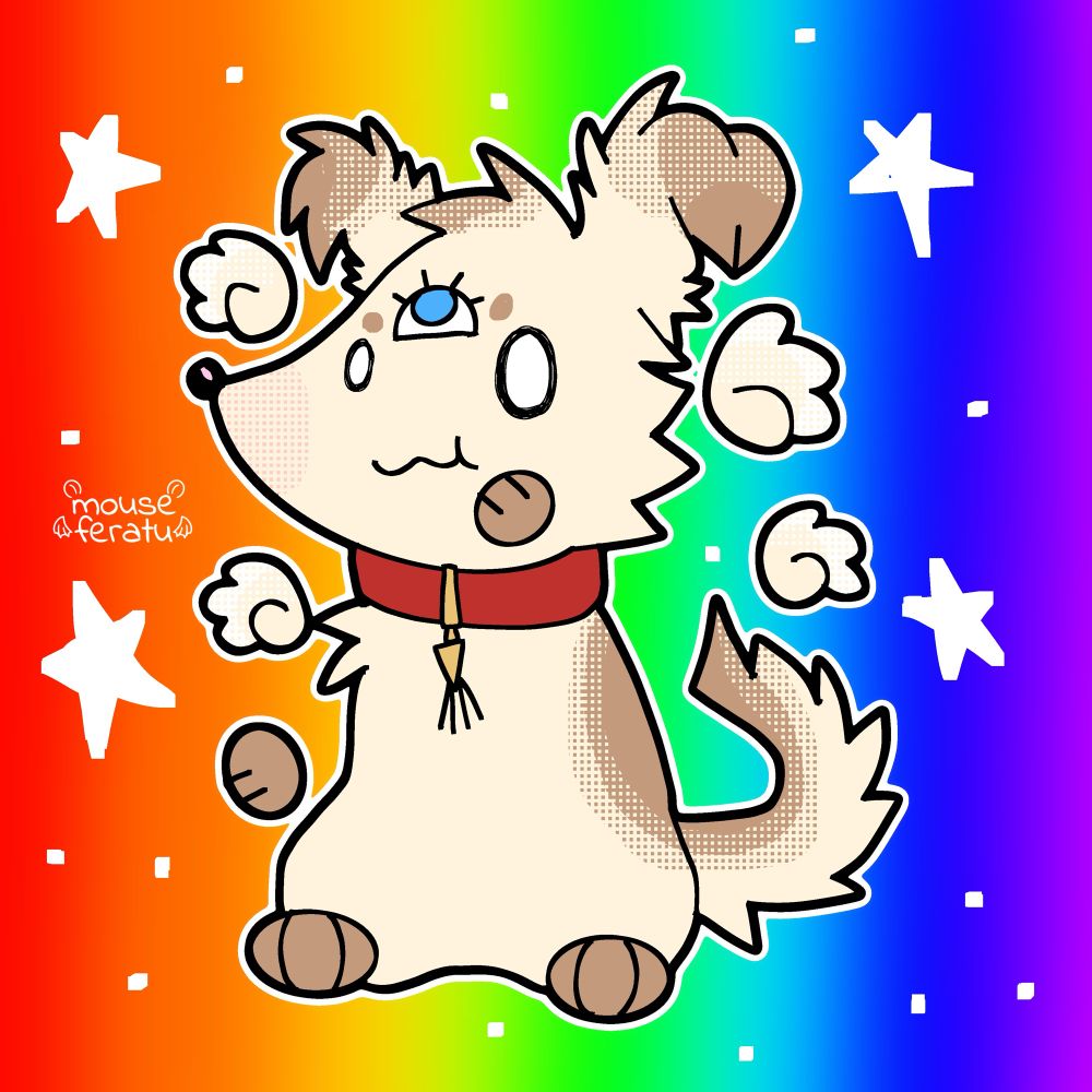 a digital art piece of a 2010 deviant art inspired furry doodle of a borzoi against a vibrant rainbow gradient background with stars scattered across. the furry has three eyes, and four wings as well as a red collar. the drawing is shaded with flipnote studio screen tone brushes to give it a nostalgic feel 