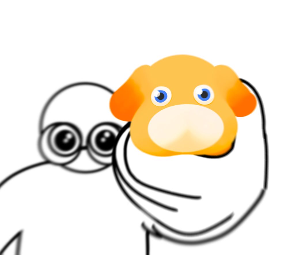 an illustration of a person holding up oatchi from the video game pikmin 4 towards the viewer. they are both looking directly into the camera with wide eyes and the blur of the image suggests the small dog is being pushed into the viewers face 