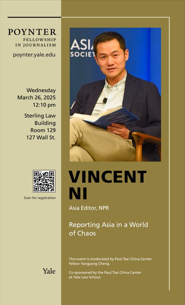 Reporting Asia in a World of Chaos
Vincent Ni, Asia Editor at the National Public Radio (NPR) and a 2018 Yale World Fellow, will discuss his career in journalism working from newsrooms in China, the UK and the US, and how his team approaches stories from the world’s most populous region at this historic juncture. This event will be moderated by Paul Tsai China Center fellow Yangyang Cheng.

Location
Sterling Law Building, Room 129
127 Wall St.
12:10pm March 26