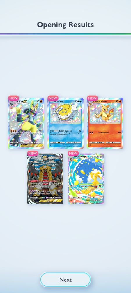 Pack de pokemon tcg pocket com shiny lucario ex, shiny dondonzo, shiny charmeleon, giratina de filminho e goldengo arte especial surfando
