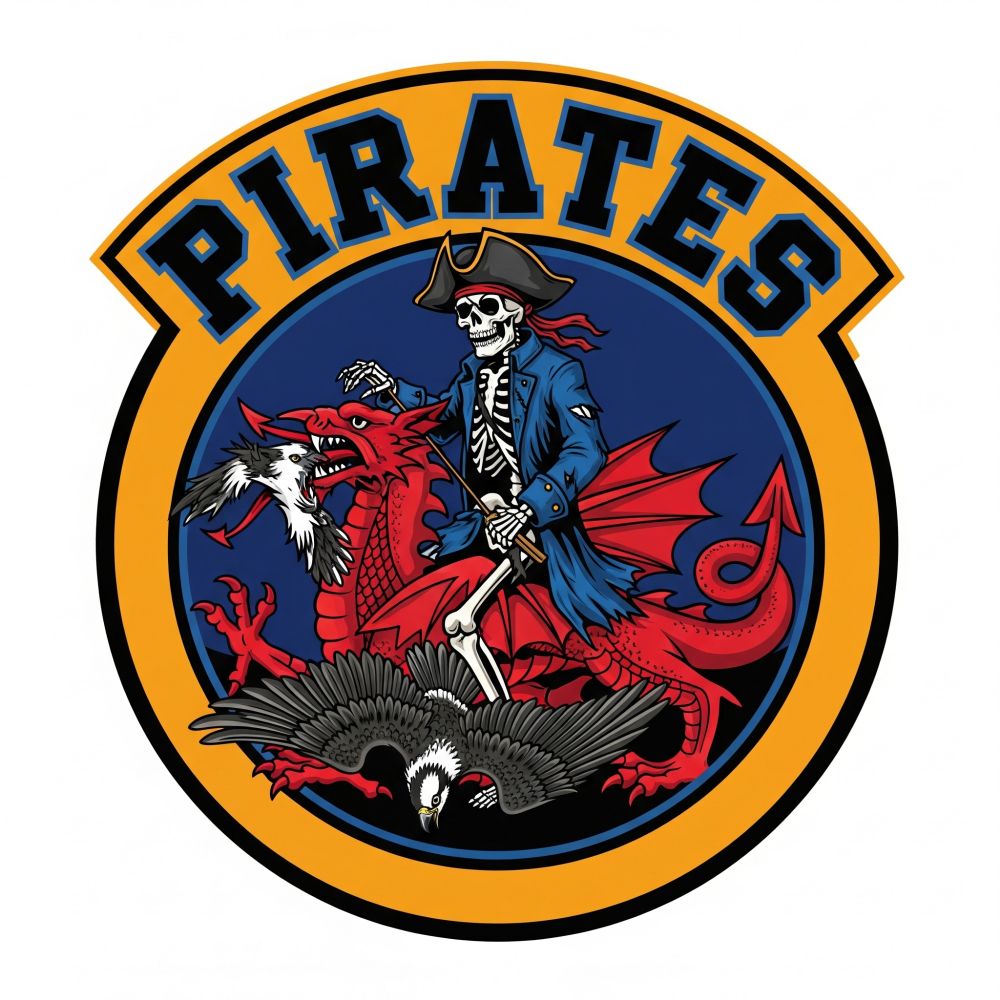 A pirate skeleton riding a dragon that's eating an osprey.