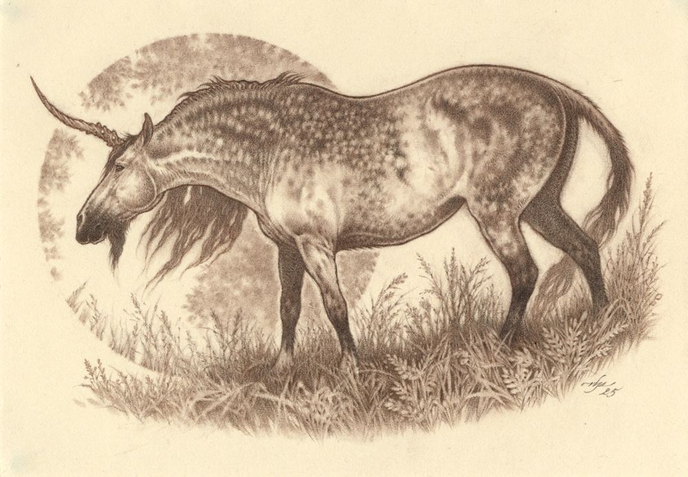 Monochrome, sepia toned drawing in brown pencils on ivory toned paper. A unicorn with a rich, dappled coat walks quietly through the grass, its head and neck held slightly lowered, almost in line with its body. Its demeanour is gentle, almost cautious. 