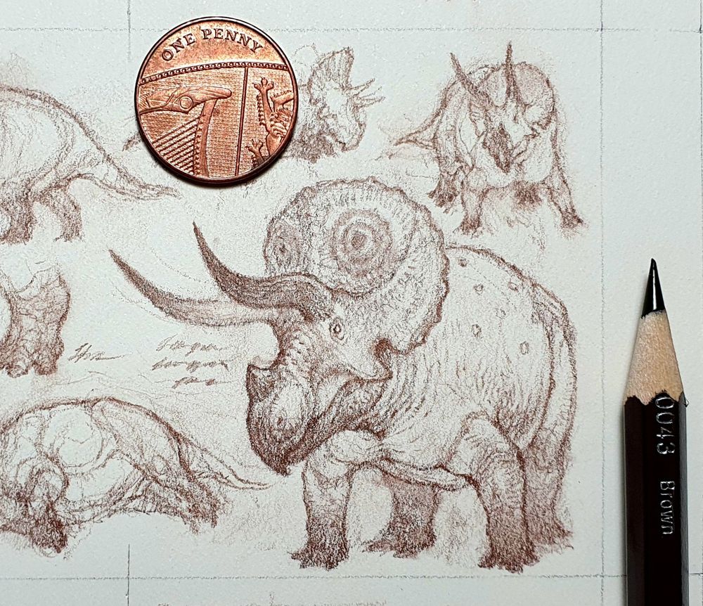 Tiny thumbnail sketches of Triceratops, the most famous three-horned dinosaur. The detail shown is about half the size of a business card. 