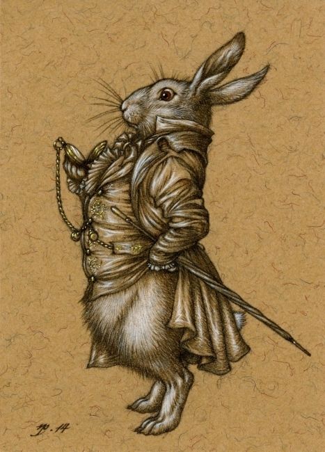 Drawing on tan toned paper of the White Rabbit from Lewis Carroll's Alice's Adventures in Wonderland, dressed in a waistcoat and jacket, and carrying a pocket watch and an umbrella. 