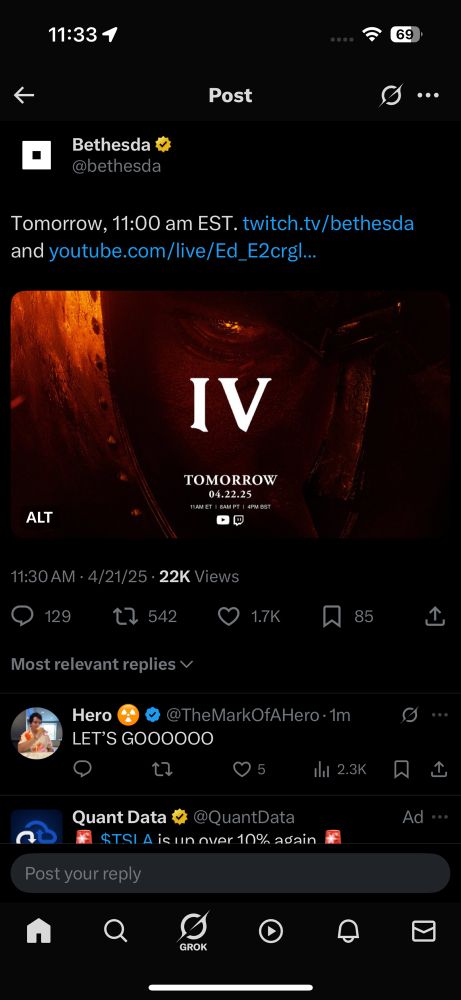 Bethesda posted an image of plain white 4 in roman numerals with a date for 4/22/25
