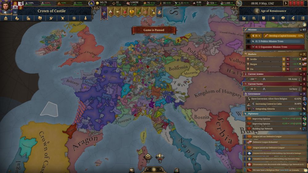 Capture d'écran d'Europa Universalis au début de ma partie, centré sur le Saint Empire Romain Germanique et ... écoutez je sais que c'est important de décrire mais là je ne peux juste pas, c'est juste un conglomérat de province anarchiquement disposée, un niveau de gore de frontières rarement atteint