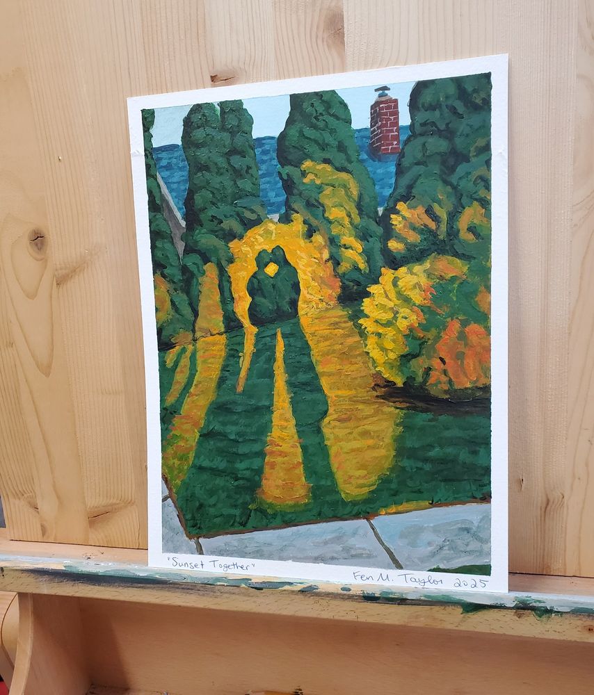 An acrylic painting sits on a canvas. A sunset silhouette of a couple is illuminated golden orange against the green cedars and lawn of the shadows. The style is impressionist realism, with many visible brush strokes and bright colours.