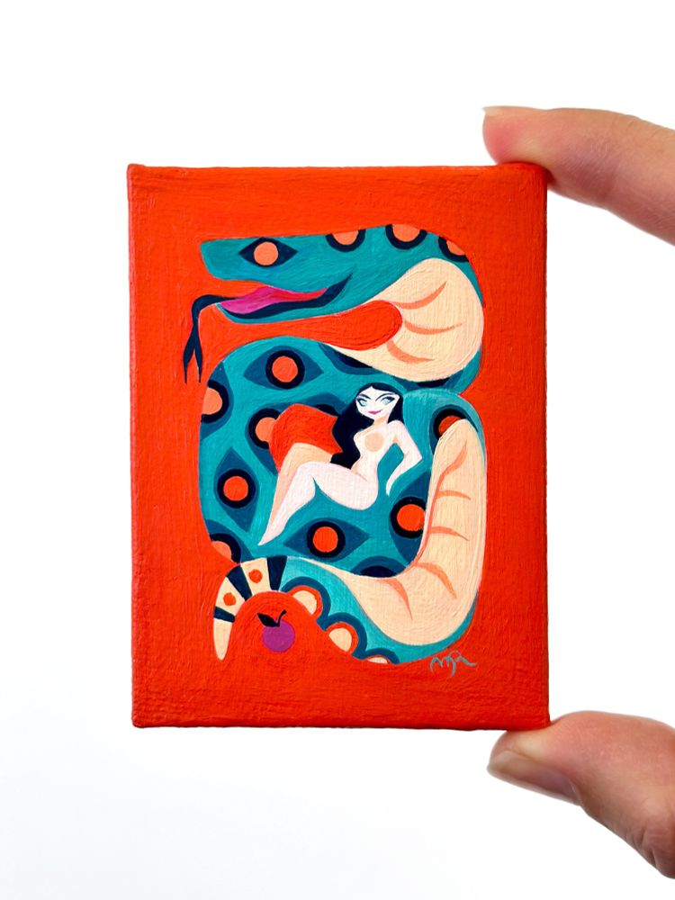 “Sweet Bite” is a miniature painting of a serpent coiling around a female figure, symbolizing passion. The apple evokes temptation, while the round patterns on the serpent’s body reinforce this theme and also suggest eyes, gazes.