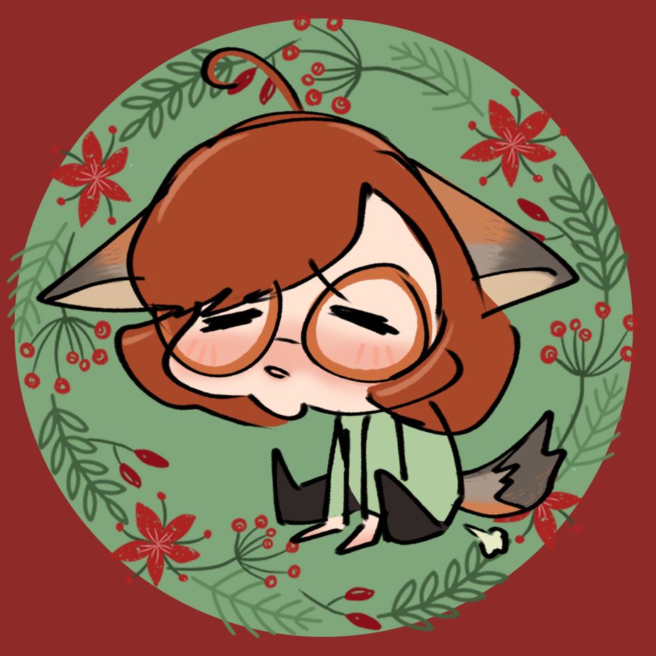 Sketchy icon of a white girl with grey fox ears and a tail. she has auburn bobbed hair and giant round glasses. looks like a tired lil critter...