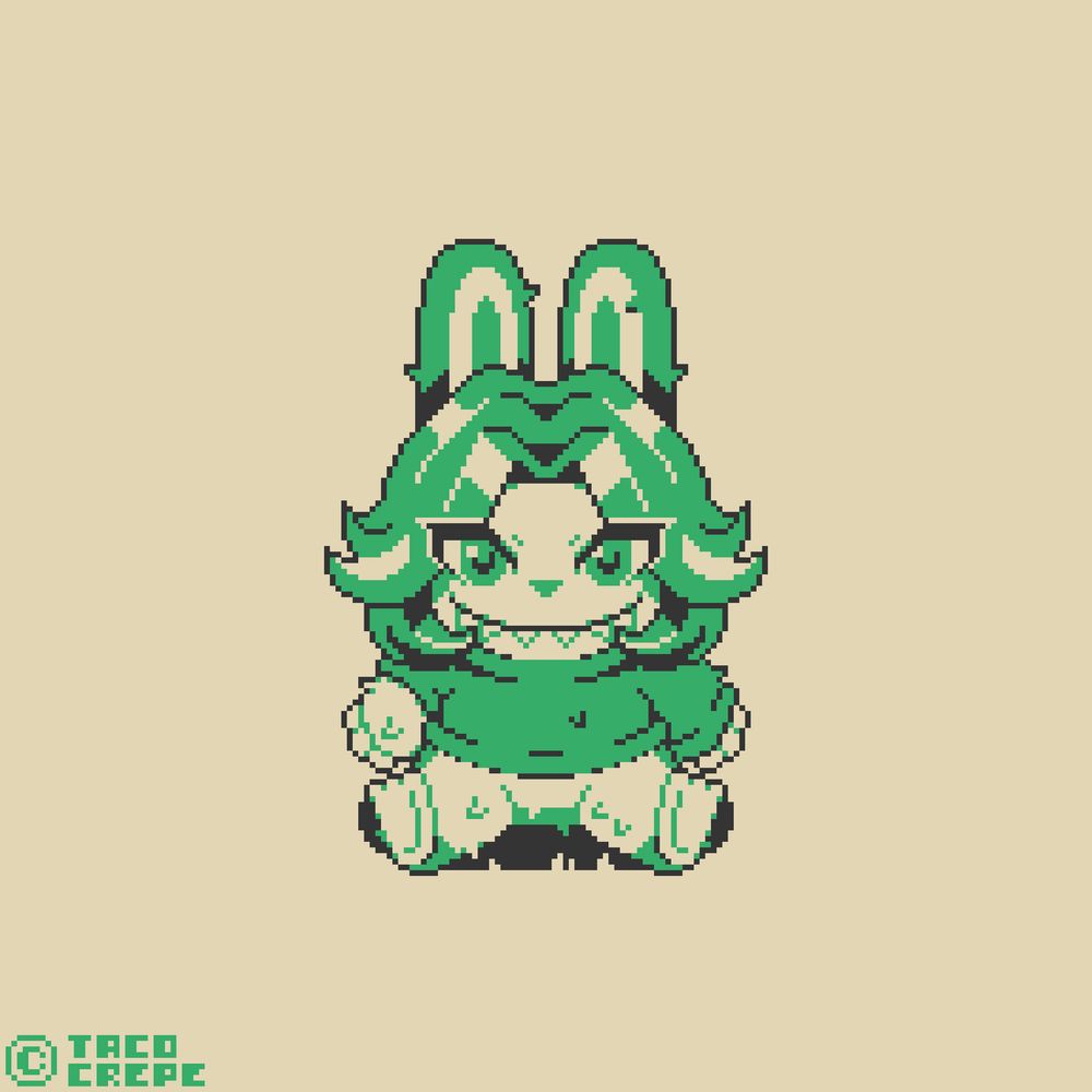 A pixel art illustration of myself as a labubu. The general proportions of the labubu isn't different from an original one, except the hair and the presence of a green sweater. 