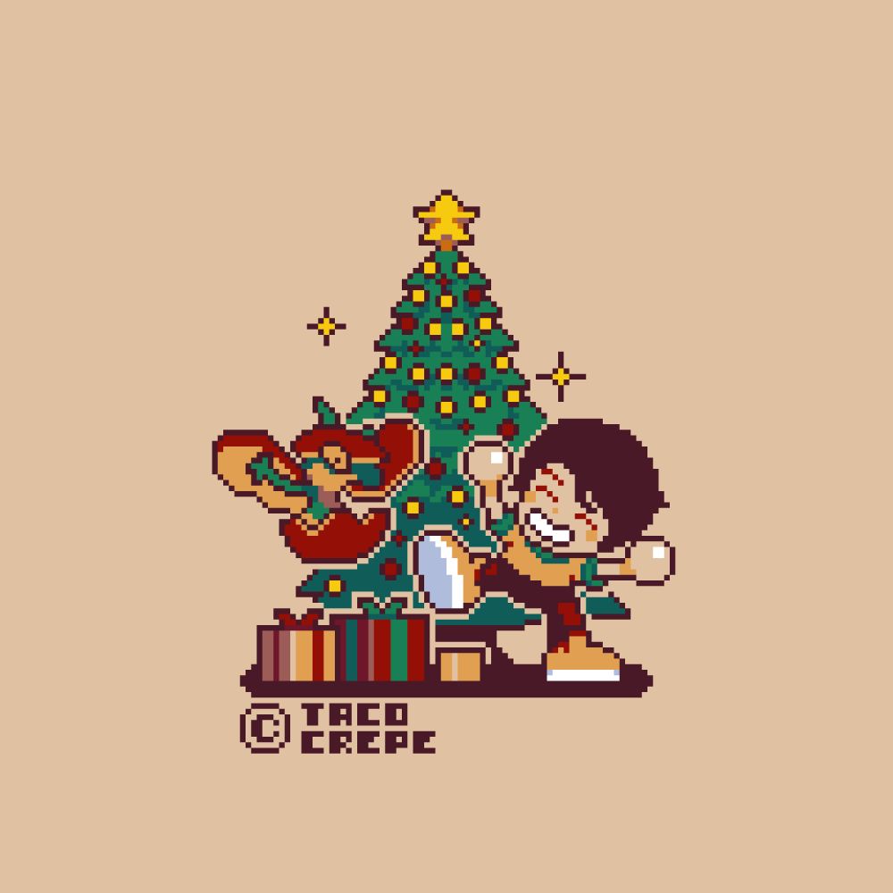 a pixel art graphic of my oc sam and flapple (pokemon) celebrating in front of a christmas tree 
