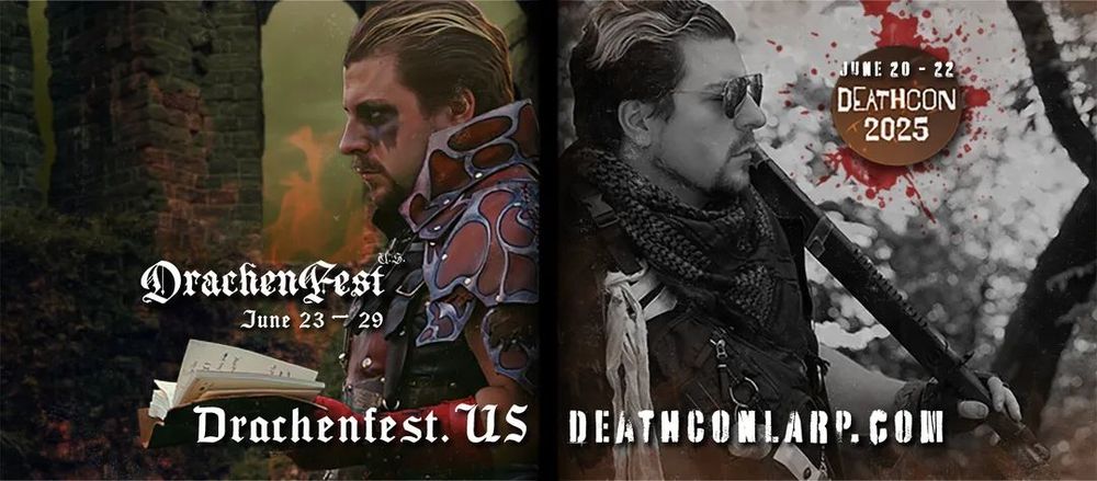 An ad featuring Tobias McCurry promoting both a post apocalyptic game: Deathcon and a fantasy game: Drachenfest US, with characters displayed in each respective genre. 