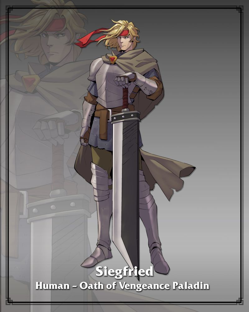 Art of my Oath of Vengeance Paladin, Siegfried. He's wearing plate armor, a red headband, and holding a greatsword in front of him. 