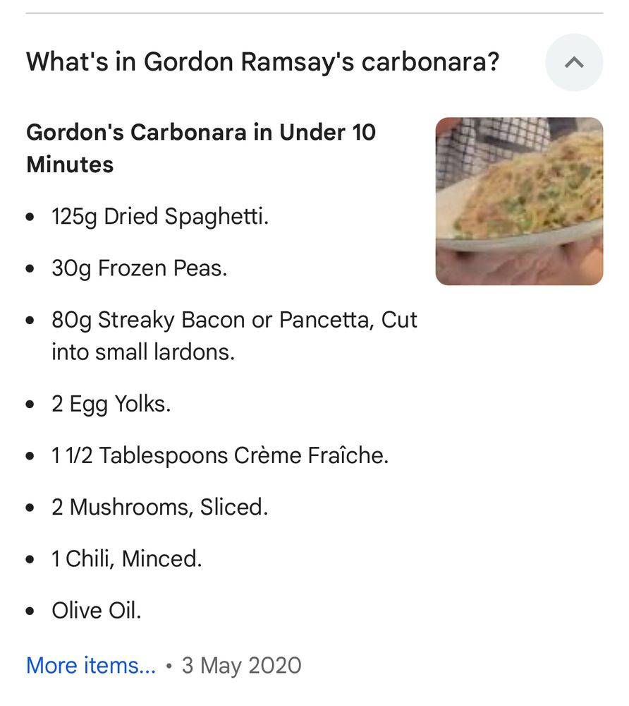 Gordon's Carbonara in Under 10 Minutes 125g Dried Spaghetti. 30g Frozen Peas. 80g Streaky Bacon or Pancetta, Cut into small lardons. 2 Egg Yolks. 1 1/2 Tablespoons Crème Fraîche. 2 Mushrooms, Sliced. 1 Chili, Minced. Olive Oil.