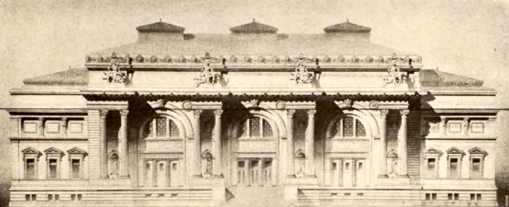 The plan for the four sculptures on the 5th Avenue facade. They were to be designed by Karl Bitter as allegories of Sculpture, Painting, Architecture and Music. 
