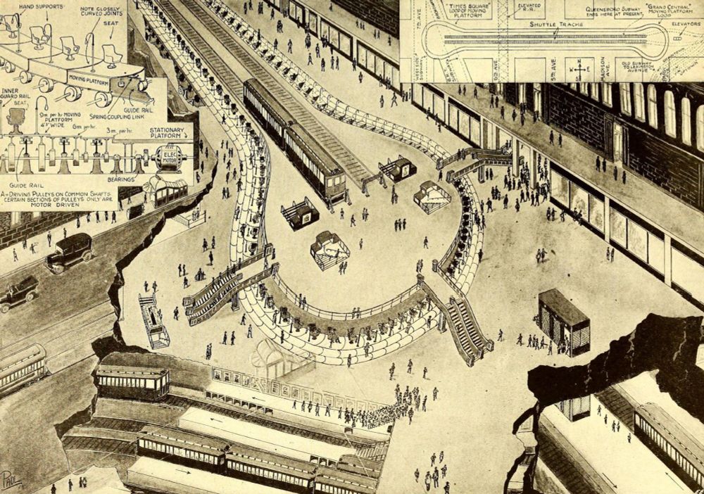 A rendering of a massive 130 foot loop at Times Square. It features three continuous moving platforms that move at staggering speeds, from 3 miles per hour to 9 miles per hour. The innermost loop, the fastest, has chairs and handrails for passengers. 