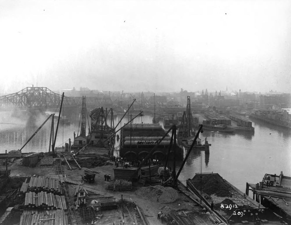 Section A in position in the water, with lowering plant assembled.