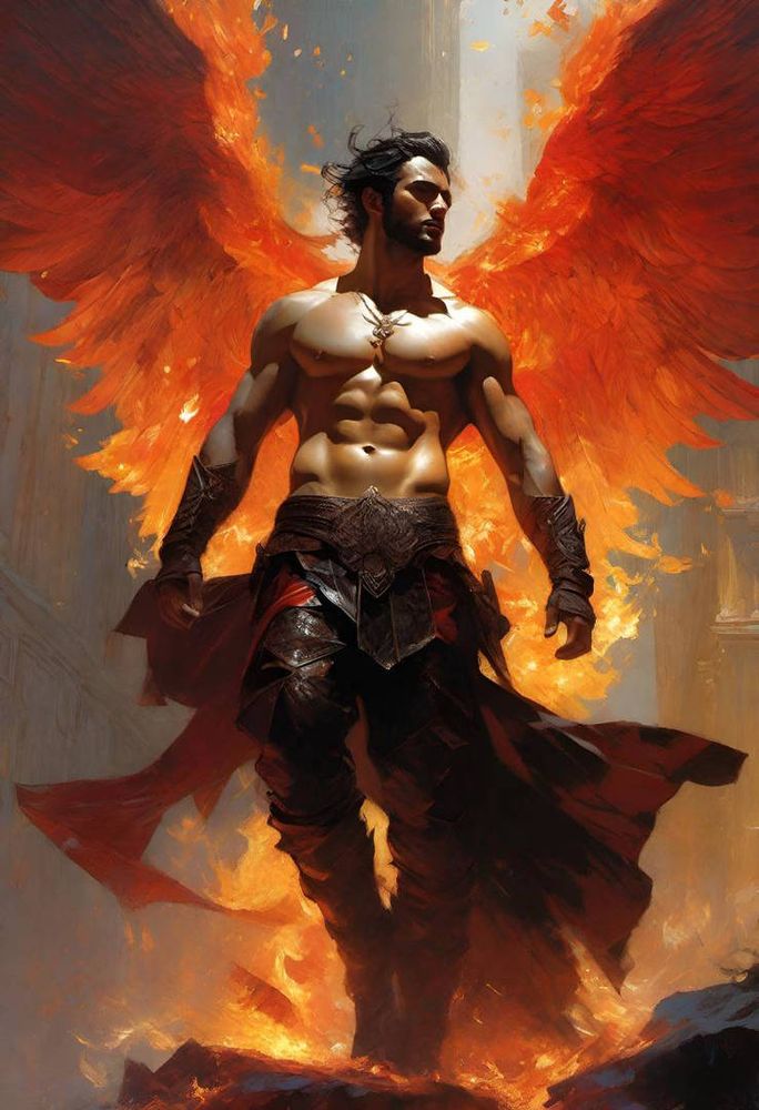 Depiction of Lucifer as a strong, muscular, and beautiful angel with flamelike wings. 