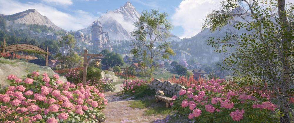 Screenshot from Infinity Nikki of a stone path lined with pink hydrangeas and an idyllic village nestled in between tree covered mountains.