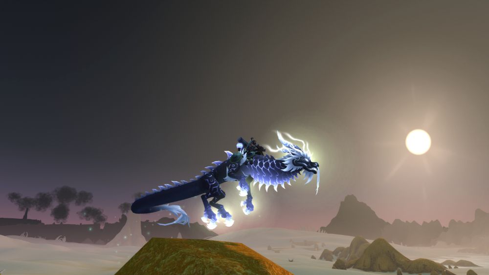 Screenshot of my Warcraft character on the Reins of the Heavenly Onyx Cloud Serpent (the mount drop from the Sha of Anger).