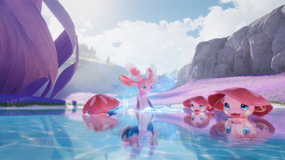 Screenshot from the Aniimo beta test. Shows a pink Glacy and three skippys playing in turquoise water. A field of pink flowers and a rocky hillside is seen in the background.