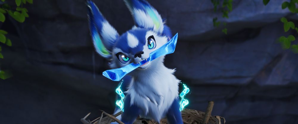 Screenshot of a Fenrier holding an icy bone and doing the doggie head tilt! From the beta test for Aniimo, an upconing action rpg.