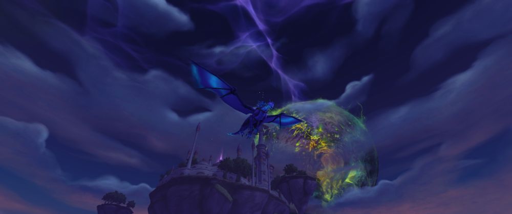 Screenshot from World of Warcraft - Legion Remix. My timerunner Druid flying on a purple dragon mount. Dalaran and Argus are in the background.
