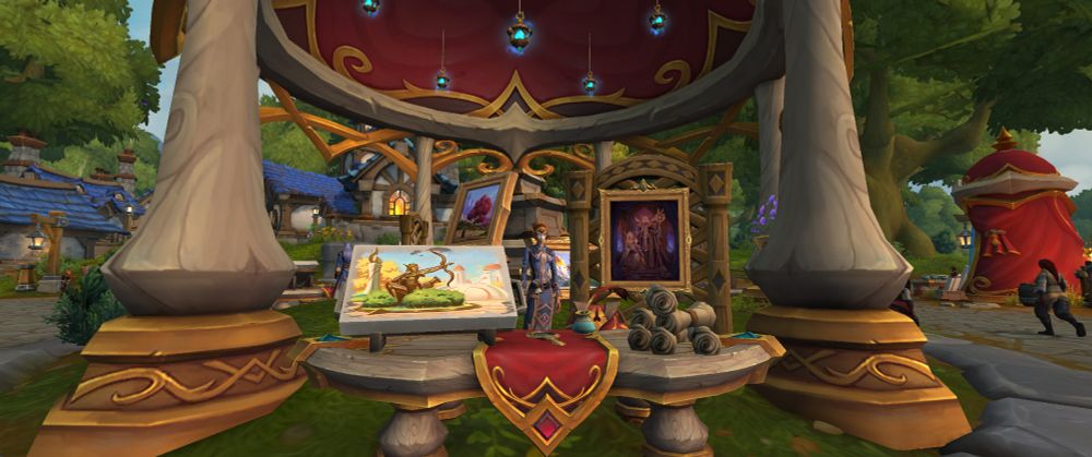 A screenshot of paintings at a vendors tent in the center of the Alliance housing neighborhood (from Midnight Beta).