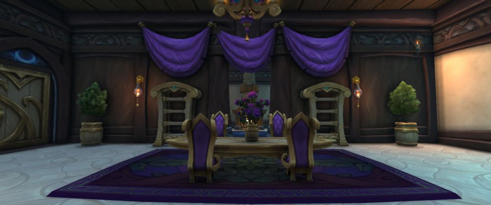 My dining room in WoW players housing beta. Long dining table, chairs, vase with flowers, planters, bookcases, curtains, rug, and wall sconces.