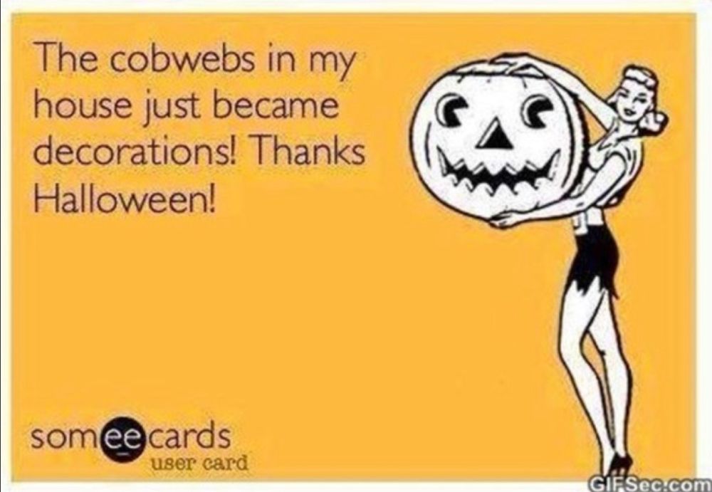 A retro style drawing of a woman holding a large jack-o-lantern with the caption, "The cobwebs in my house just became decorations! Thanks Halloween!"